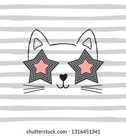 cute cat face with star sunglasses vector illustration, T-shirt graphics design for kids