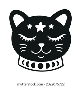 Cute cat face with stars. Collar with moon phases. Funny pet. Vector black and white illustration