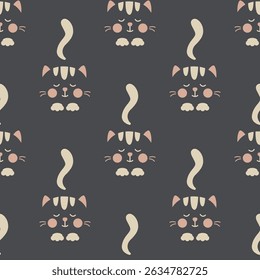 Cute cat face and tail seamless pattern. Cat on dark background. Texture pattern doodle domestic pet. Design for fashion, background, fabric, wallpaper, wrapping, card. flat vector illustration