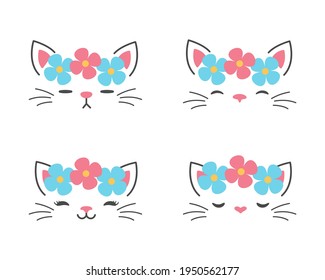 Cute cat face vector Decorate the head with colorful flowers. Isolated on background.