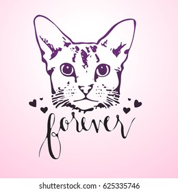 Cute cat face. Vector. Gradient silhouette. Hand drawn pretty kitty. Hand lettering text "forever" and hearts. I love my cat. Tattoo sketch. Greeting card.