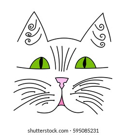 Cute cat face. Vector illustration of a cat face. Hand drawn funny cat. Cartoon cat's muzzle.