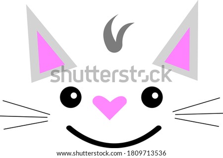 cute cat face with wide smile and heart-shaped nose. Elements on white background. Animals and pets concept