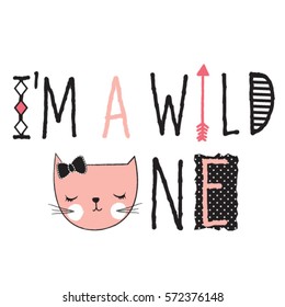 Cute Cat Face, I'm A Wild One Subtitle With Cat, T-shirt Design For Kids Vector Illustration