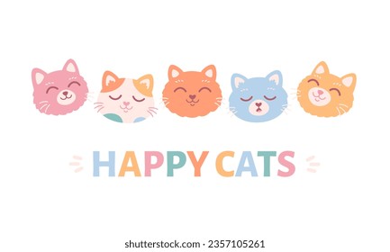 Cute cat faces. Cat characters with different emotions and facial expressions. Vector illustration in flat style