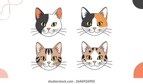 Gato bonito enfrenta diferentes raças e cores em uma coleção de ilustração encantadora