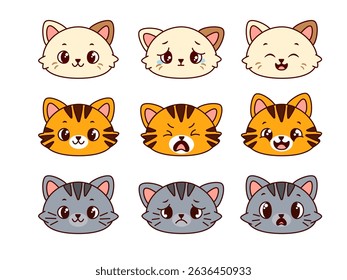 Cute cat faces with different emotions kawaii style kitten heads set in beige, orange and gray, perfect for emoji, stickers, childrens emotions learning and character design elements. Vector