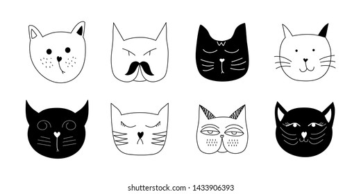Cute cat faces doodle set. Collection of ink funny cats, vector hand drawn icons of  cat characters sketch style animal muzzles isolated on light background