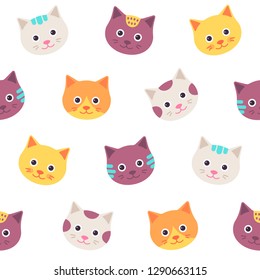 Cute cat faces pattern. Vector. Happy kitten seamless background. Animal head isolated on white, flat design. Cartoon illustration for textile, baby shower, invitation template, scrapbook, cards.