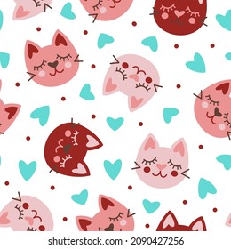 Cute cat faces seamless vector pattern. Hand-drawn flat cartoon backdrop. Beautiful smiling kittens with hearts. Funny animals, holiday concept for valentine's day, party, event, date, birthday.