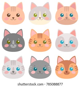 Cute cat faces set. Vector illustration

