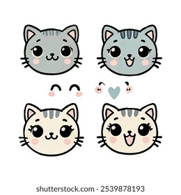 Cute cat faces set. Weather icons, kids friendly design. Smile and heart clipart for prints, t-shirts, holiday invitations, cards for children.