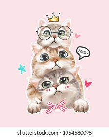 cute cat faces stacking with cute icons vector illustration