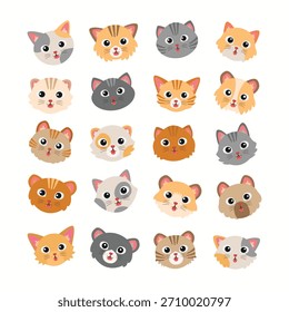 Cute Cat Faces in Various Colors and Expressions Illustration Collection