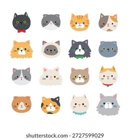 Nette Katzengesichter, Vektorgrafik-Bündel mit handgezeichneten Katzenköpfen. Umfasst verschiedene Rassen wie Scottish Fold, Siamese, Persian, Calico und British Shorthair.