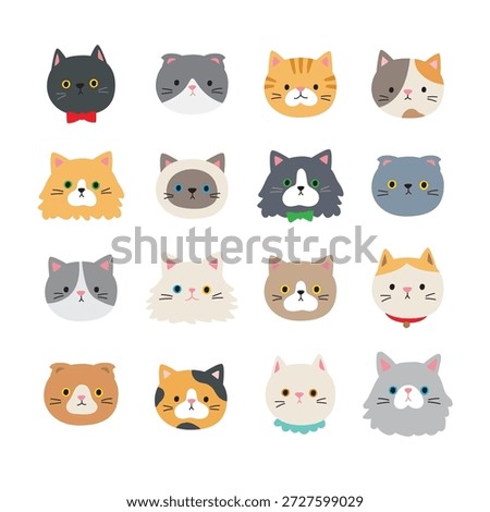 Cute cat faces vector illustration bundle featuring hand-drawn cat heads. Includes various breeds such as Scottish Fold, Siamese, Persian, Calico, and British Shorthair.