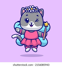 Cute Cat Fairy Holding Magic Wand Cartoon Vector Icon Illustration. Animal Nature Icon Concept Isolated Premium Vector. Flat Cartoon Style