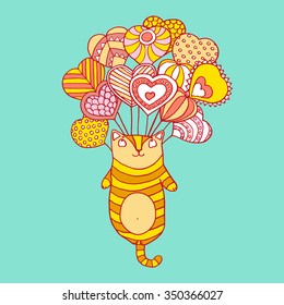 Cute cat falls in love and flies in seventh heaven on patterned heart like balloons, vector design for Saint Valentine's Day 