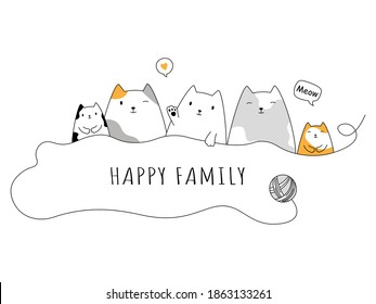 Cute cat family with kittens. Adorable doodle or cartoon of cat. Vector illustration design ready to print 