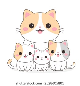 Cute cat family set. Four kittens. Mother and babies. Funny face. Contour line doodle. Orange, white, gray colors. Cartoon kawaii character. Sticker. Childish style Flat design White background Vector
