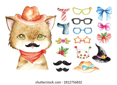 Cute cat with fashion accessories in editable water colour style vector illustration 