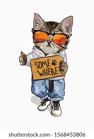 cute cat in fashion costume holding somewhere sign illustration