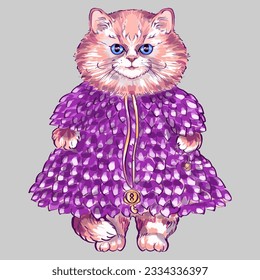 Cute cat in fashionable clothes. Vector drawing.  Cartoon cat for children's t-shirts, children's books and greeting cards. Stylish cat. Watercolor
