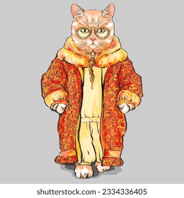 Cute cat in fashionable clothes. Vector drawing.  Cartoon cat for children's t-shirts, children's books and greeting cards. Stylish cat.