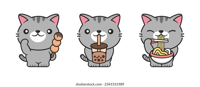 Gato lindo con comida rápida, Boba de burbuja, Ramen y Chocolate