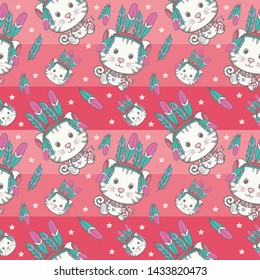 cute cat with feather seamless pattern