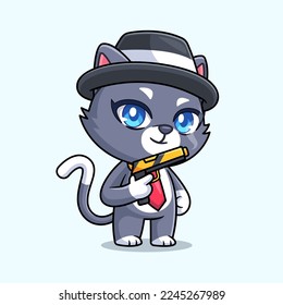 cute cat in a fedora hat holding a golden gun cartoon vector