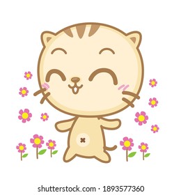 A cute cat feel happy to runing into pink flower, Vector Illustration