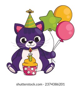 Cute cat in a festive cap with a cupcake and a burning candle and balloons. Happy birthday. Vector graphic.