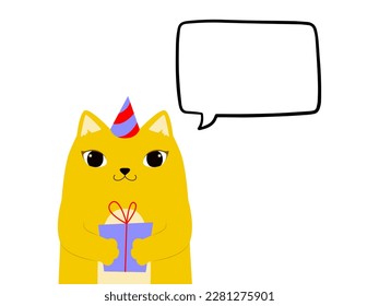 A cute cat in a festive hat and with a gift in its paws with a speech bubble cloud. Vector illustration isolated on a white background