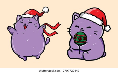 Cute Cat in Festive Holiday Theme – Christmas Style Vector Illustration