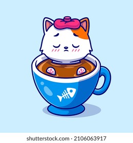 Cute Cat Fever In Coffee Cartoon Vector Icon Illustration. Animal Food Icon Concept Isolated Premium Vector. Flat Cartoon Style