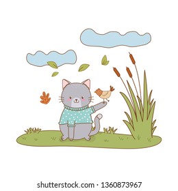 cute cat in the field woodland character