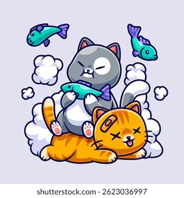 Cute Cat Fighting For Fish Cartoon Vector Icon Illustration. Animal Nature Icon Concept Isolated Premium Vector. Flat Cartoon Style