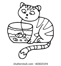 cute cat with a fish aquarium