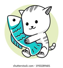 Cute cat with fish cartoon illustration