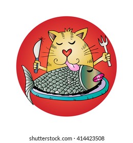  Cute cat and fish. Cartoon  style.