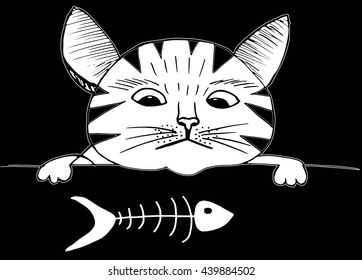 Cute cat and fish. Cartoon style, hand drawing