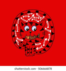 Cute cat and fish. Cartoon style, hand drawing.