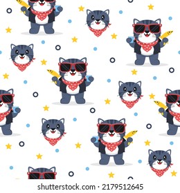 Cute cat with fish cartoon trendy pattern background concepts.