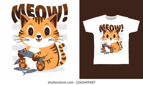 Cute cat with fish cartoon tshirt arts design