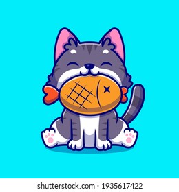 Cute Cat With Fish Cartoon Vector Icon Illustration. Animal Food Icon Concept Isolated Premium Vector. Flat Cartoon Style