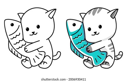 Cute cat with fish coloring page for kids
