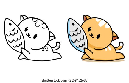 Cute cat with fish coloring page for kids