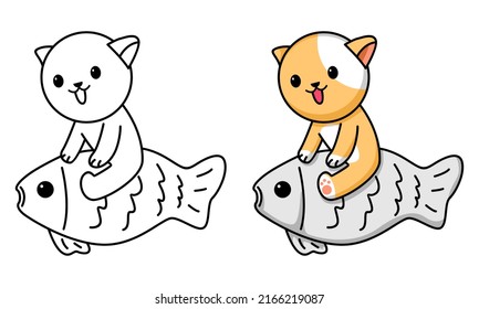 cute cat with fish coloring page for kids