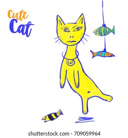 Cute cat. Cute fish. Hand drawn Pet animal vector illustration